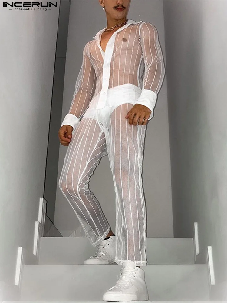 INCERUN 2023 Fashion Casual Party Suit 2 Pieces Sexy Leisure Men Sets Long Sleeve Shirts Long Pants See-through Mesh Suits S-5XL incerun 2023 american style men s sets vacation hollowed mesh short sleeved shirt shorts casual see through two piece sets s 5xl