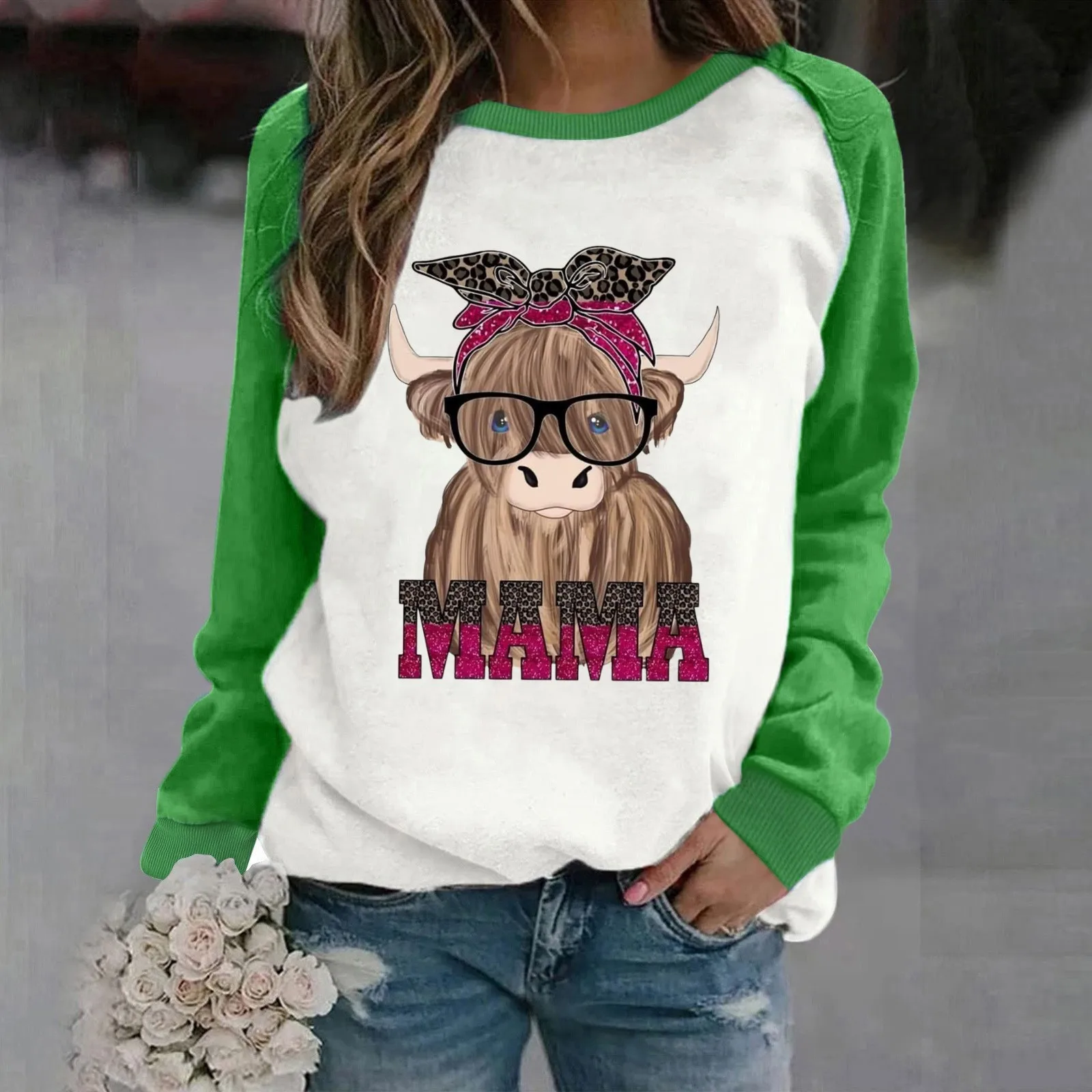 

Hoodie Women Warm Women's Fashion Casual Long Sleeved Round Neck Cow Animal Cute Print Pullover Hoodie Sweater with Front Zipper