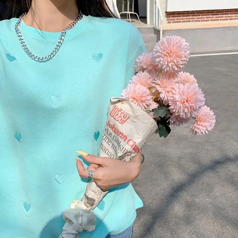 여성용 반팔 O넥 티셔츠, 한국 스타일, 사랑 자수 패션, 여성용 탑 티셔츠, 용수철 여름, 직송