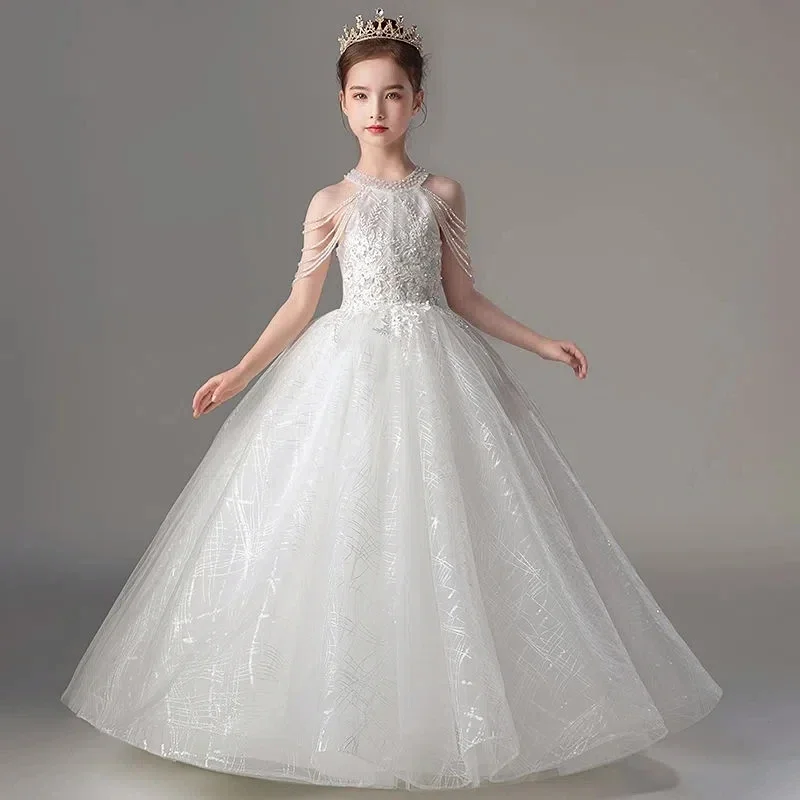 

Children Birthday Party Elegant Tulle Long Dresses School Evening Gala Kids Host Fashion Gowns Christening Costumes 12-14 Years