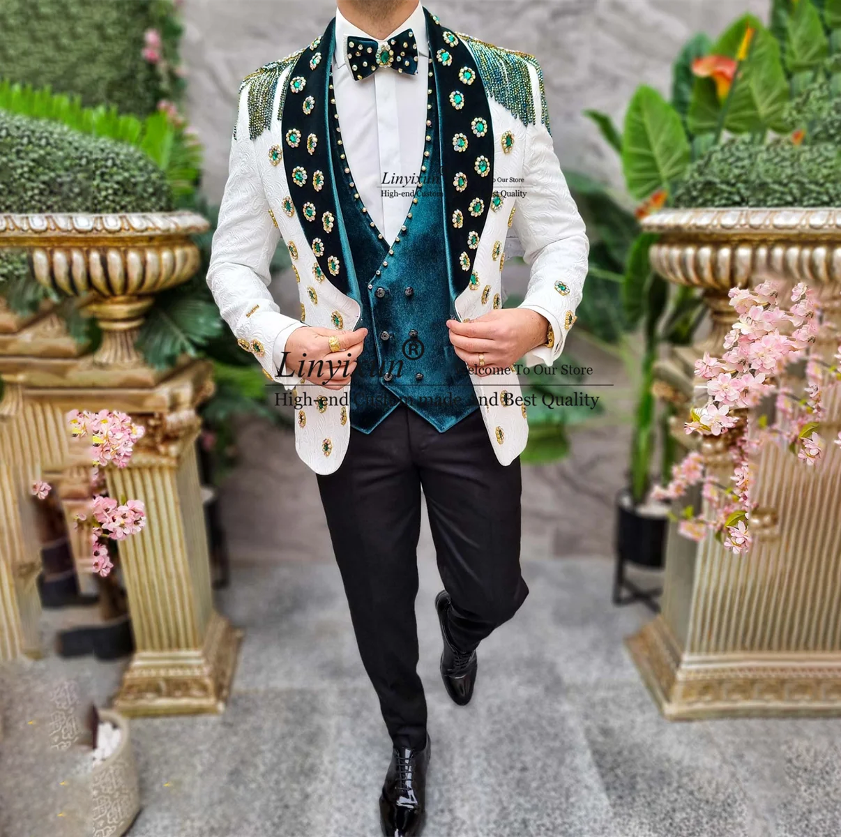 

Luxury tassel Beaded Men Suits 3 Pieces Sets Groom Tuxedos Shawl Lapel Party Prom Blazer Slim Fit Dinner Wedding Costume Homme