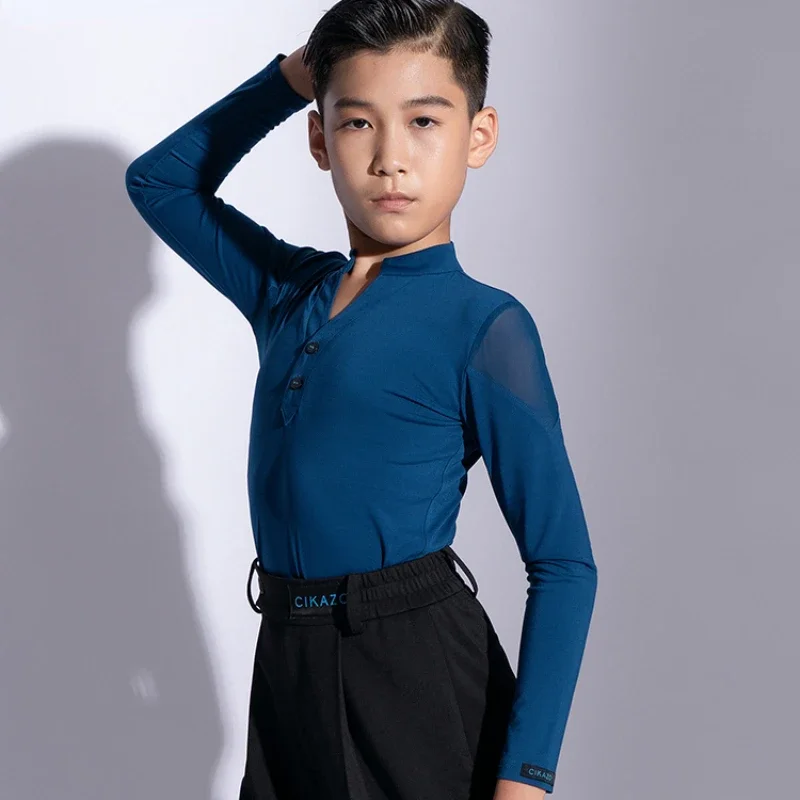 Dance Shirts Kids Boys Latin Dance Clothes Mesh Long Sleeve Male Professional Latino Dance Competition Tops Cha Cha Ballroom Dancewear G5103