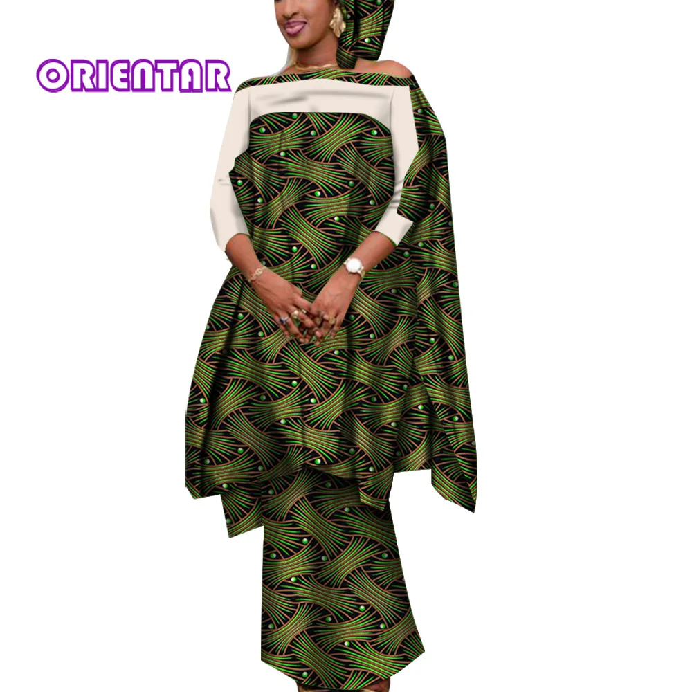 3 Pieces Set African Outfits for Women Casual Blouse and Skirts with Headscarf Lady African Clothes for Women Bazin Riche WY7946 bazin riche african suit for men outfit set ankara style plus size short sleeve blouse and pants 2 piece tracksuit a2116020