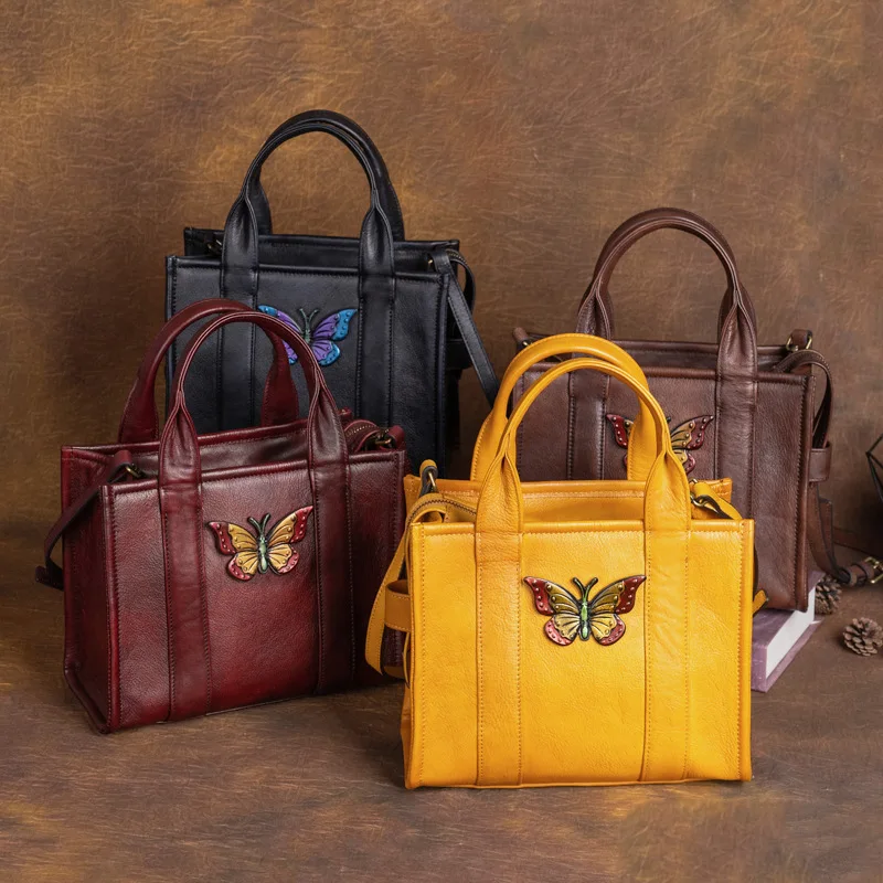 

2023 Women's Fashion Genuine Leather Embossing Butterfly Elegant Retro Handbag Shoulder Crossbody Bag Tote Bag Top Handle