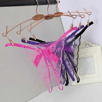 Open Thongs Women Underwear Crotchless Embroidery G String Tanga Briefs Lace Transparent Sexy Lingerie