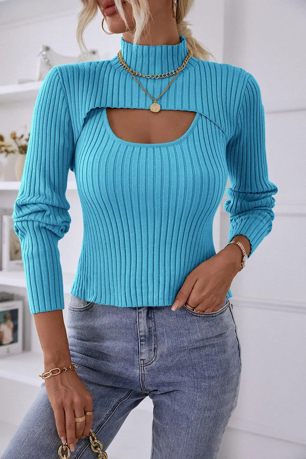 

Women's 2023 Fashion Fall Clothes 2 Piece Cutout Tops Long Sleeve Mock Neck Rib Knit Winter Pullover Sweater