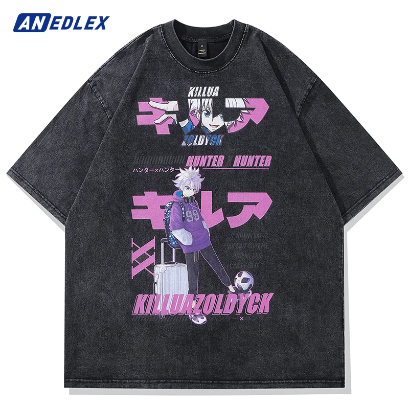 

Harajuku Streetwear Japanese Anime Hunter x Hunter Print Washed T-Shirt Men Vintage Oversized Tshirt Summer Casual Cotton Tops