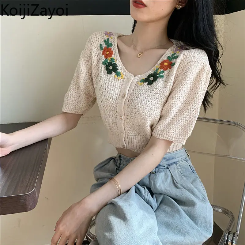 

Koijizayoi Jacquard Flower Women Sweet Tees Short Sleeves Single Breasted Cropped Tshirt Solid Chic Korean Outerwear Tshirts