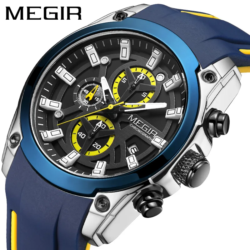 

MEGIR 2144 Quartz Watches for Men Original Fashion Brand Sports Silicone Strap Wristwatch Chronograph Luminous Date Male Relogio