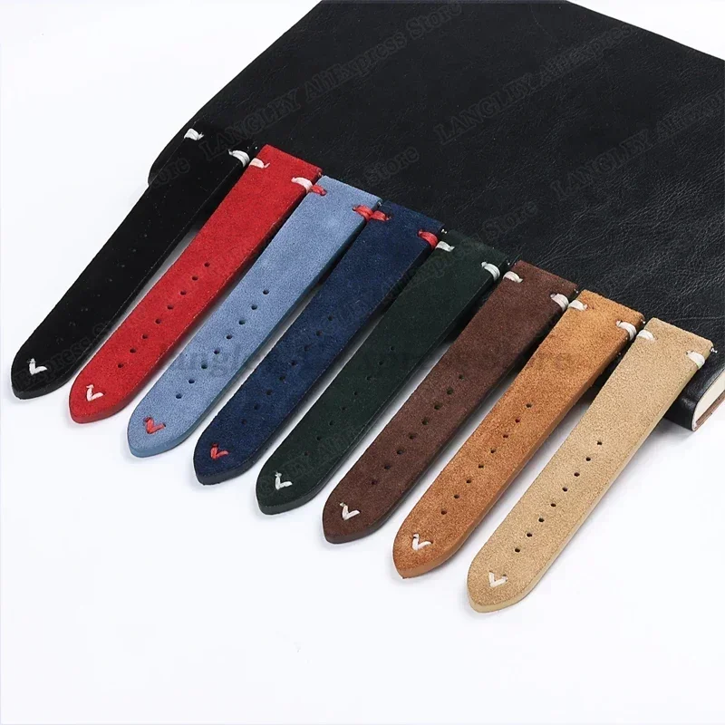 Vintage Handmade Suede Leather Watch Strap with Stitching Details, Available in Multiple Widths