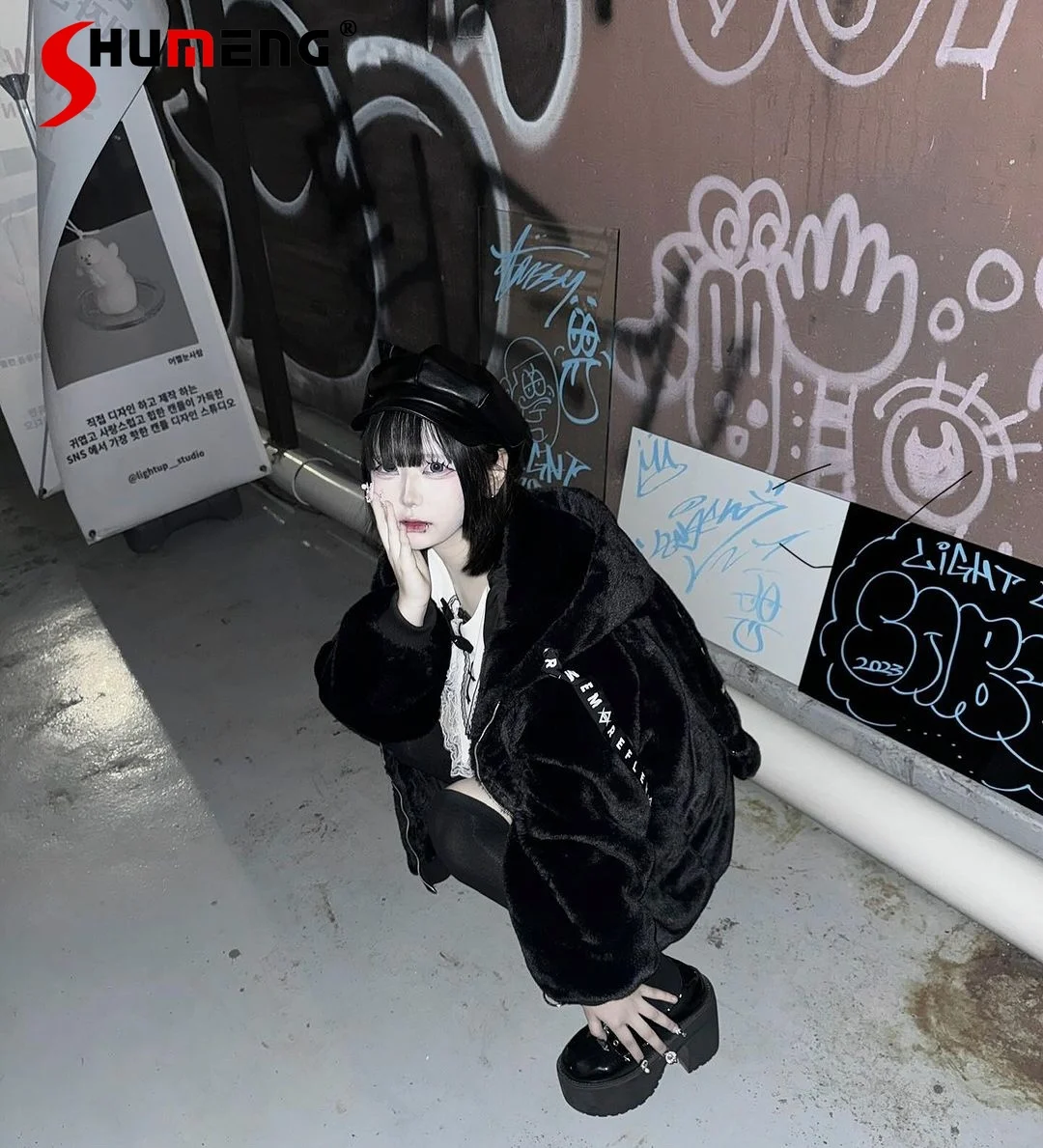 Japanese Style Subculture Y2k Faux Fur Coat Harajuku Mine Style Cute Rabbit Ear Imitation Fur Plush Hooded Jacket Fluffy Jackets