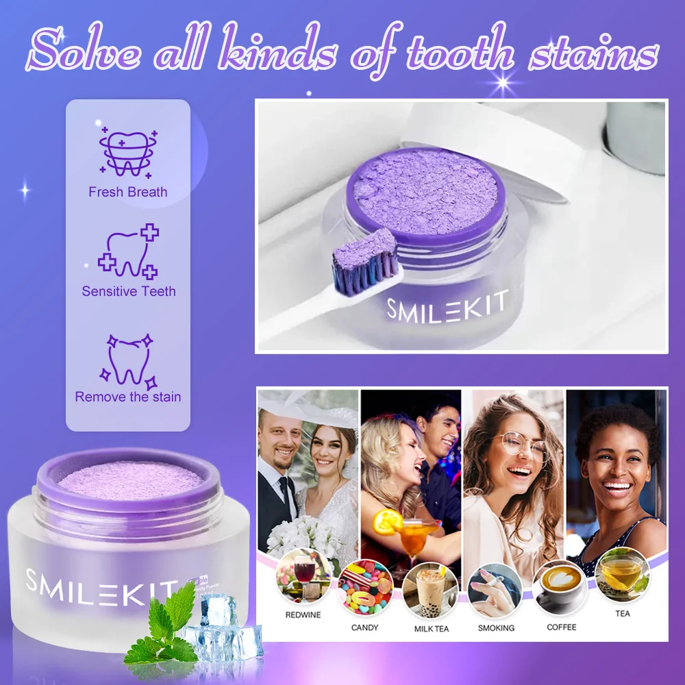 Smilekit Dental Teeth Whitening Powder Remove Plaque Stains Colour Purple Corrector Teeth Dental Powder For Oral Hygiene Care