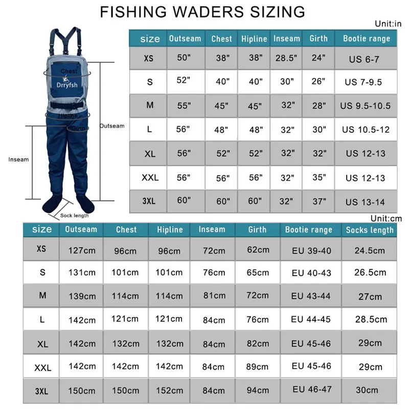 Men Breathable Stockingfoot Chest Waist Convertible Wader Waterproof Wading Pants for Fishing Hunting Kayaking ATV Sport Clothes