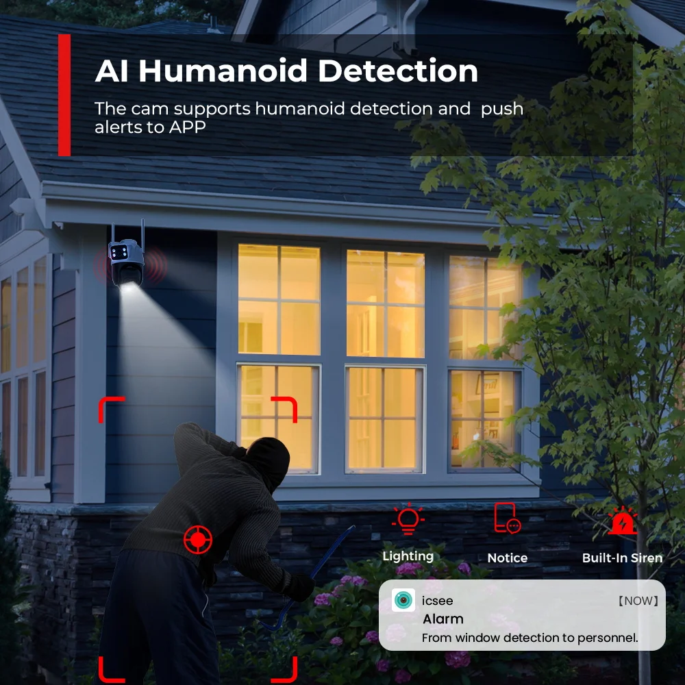 12MP 6K PTZ Wifi Camera Dual Lens 8X Digital Zoom AI Human Detection Outdoor 8MP