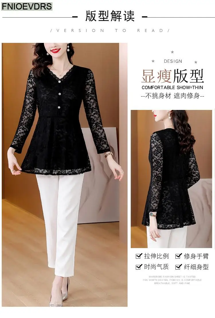 M-5XL 2023 Women Winter Spring Basic Black Lace Shirts Elegant Office Lady Loose Casual Ruffles Tunic Peplum Tops And Blouses