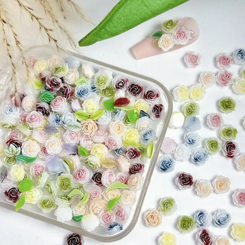 50pcs Gradient Colored Luminous Resin Rose Nail Charms Sparkling Camellia Flower Series Nail Art Decoration Accessories DIY Nail