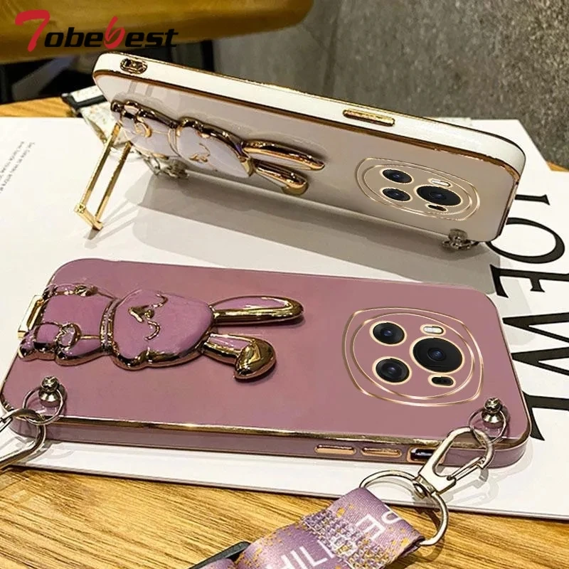 Elegant Crossbody Rabbit Bracket Plating Silicone Case