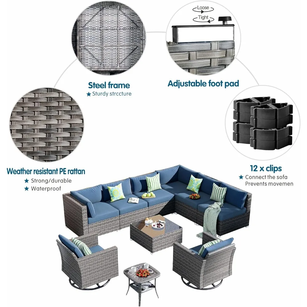Patio Furniture Outdoor Sectional Sofa Swivel Rocking Chairs All Weather Rattan Wicker 10 Piece Conversation with Coffee Table 3