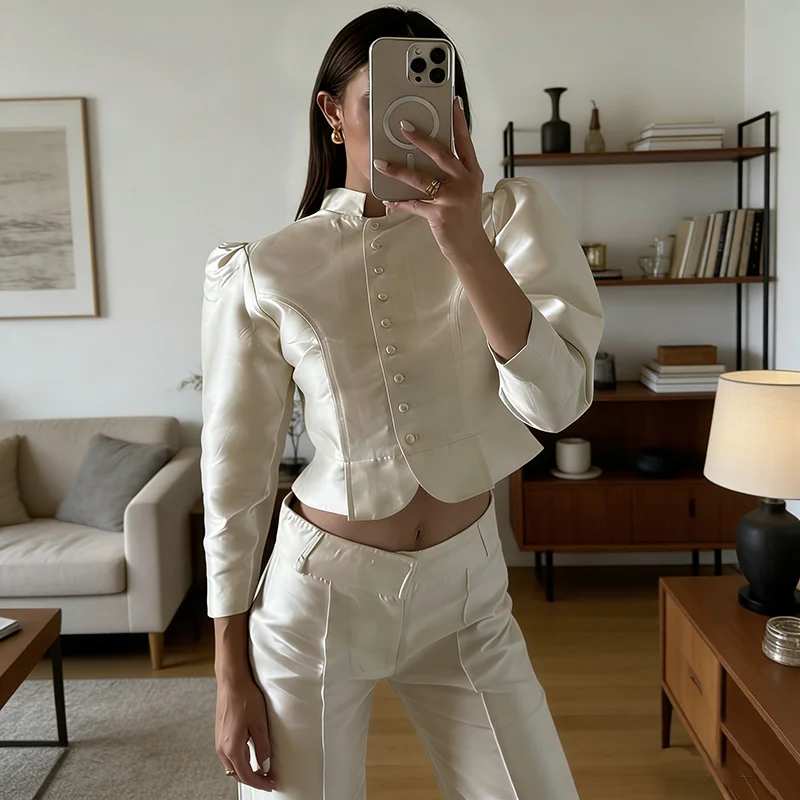 Satin-Blusen und -Hemden für Damen, Oberteile Frühling 2026, Langarm-Bluse für Büro und Pendeln, Einreihige Strickjacken und Jacken – Detail 5