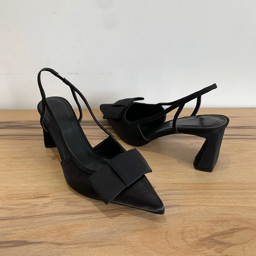 Black Pointed Toe High Heel Women Fashion Bow Elegant Party Dress Shoes Shallow Designer Square Heels Slingback Sandals Female