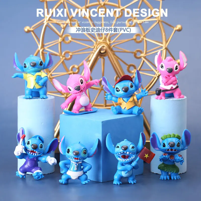 

8Pcs/Set Anime Disney Lilo & Stitch Angel Kawaii Mini Pvc Action Figure Q Verison Dolls Collectible Model Toys For Kids Gift