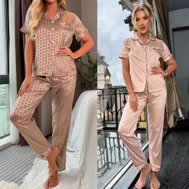 Women&lsquo;s Striped Printed Silk Satin Pajamas Summer Nightwear Trouser Suits Satin Set Woman 2 Pieces Short Sleeve Sleep Tops Night women pajamas set women pajama suit women silk underwear set