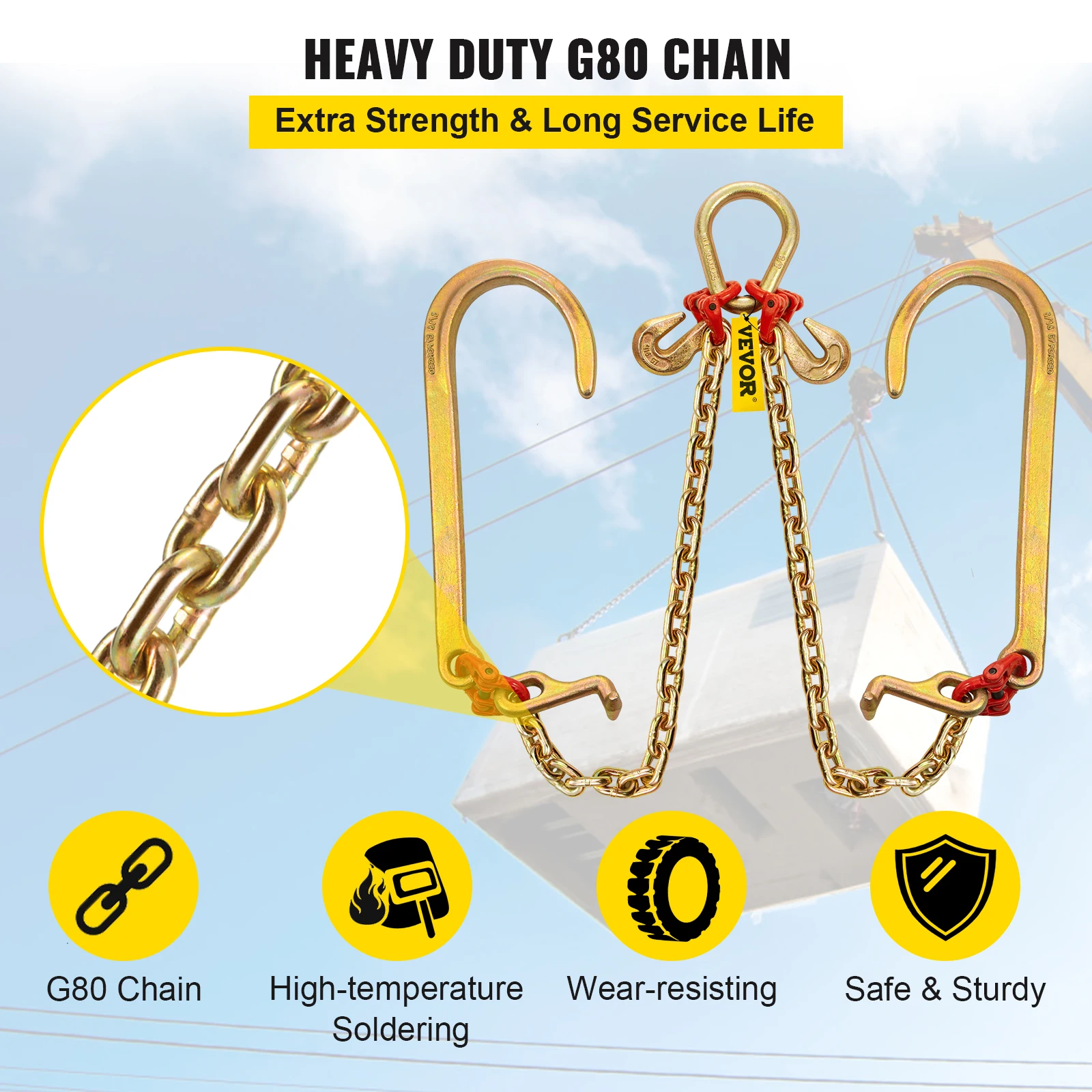 G80 Steel V Chain Bridle with J Hooks for Heavy Duty Towing