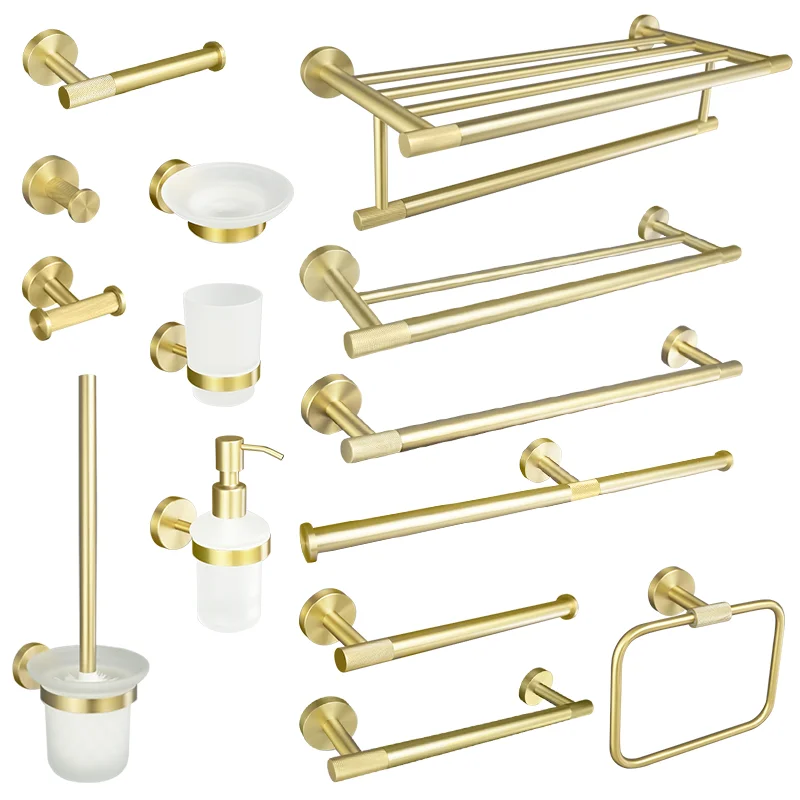Brushed Gold Bathroom Accessories Towel Holder Cup Holder Towel Ring Hanger Paper Toilet Brush Coat Hook