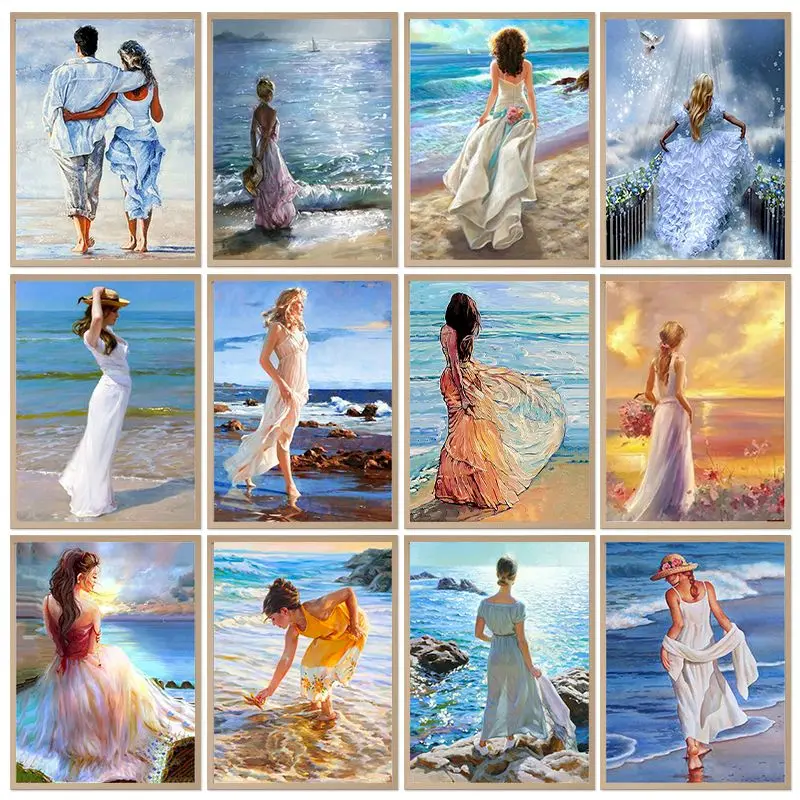 

CHENISTORY Picture By Number With Frame Seaside Woman Kits For Adults Handpainted Painting By Number Portrait Home Decoration