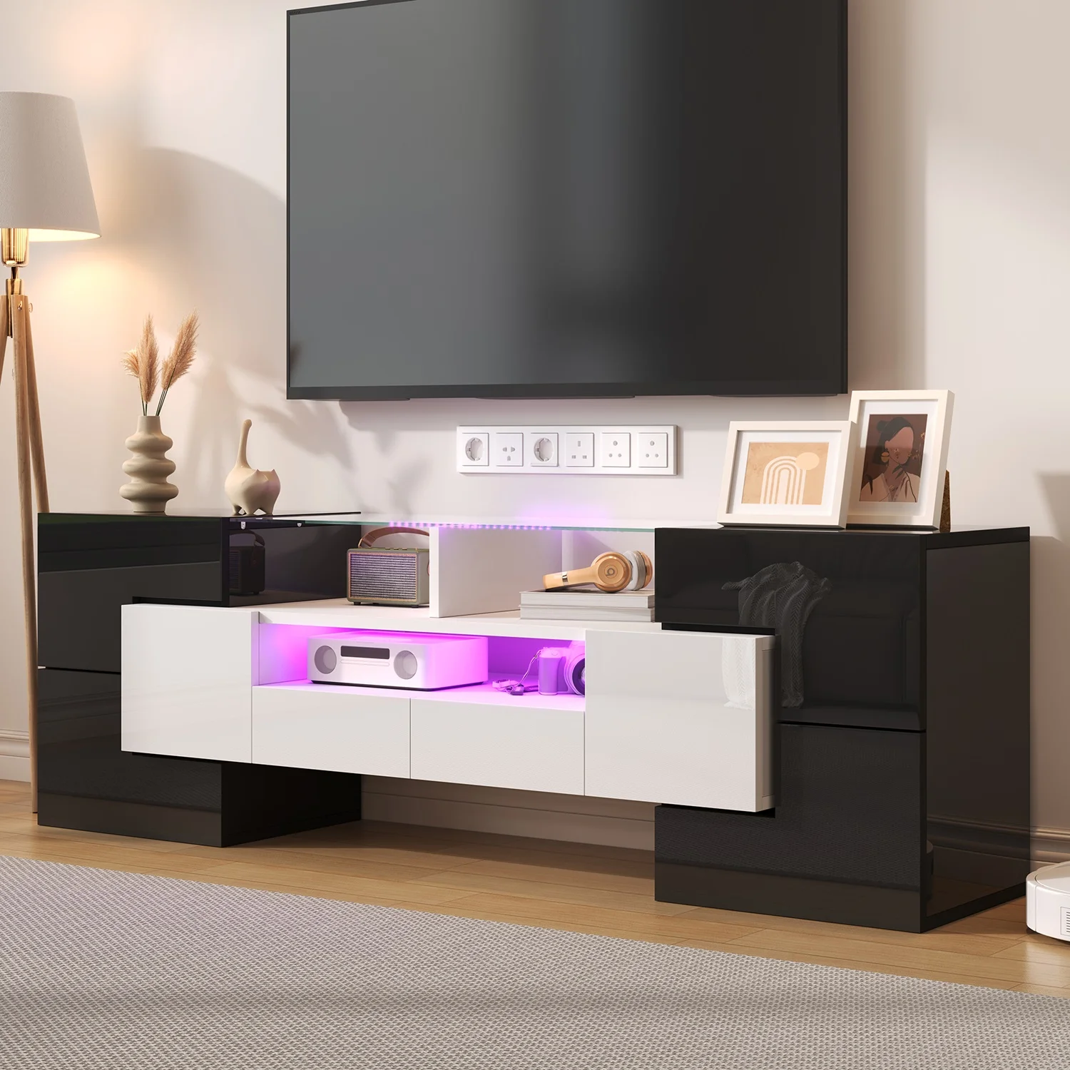 Stilvolles TV-Möbel 145x50cm, LED-Beleuchtung mit Stauraum, Lowboard mit Hochglanzoberfläche, Wohnzimmermöbel, Schwarz + Weiß – Detail 2