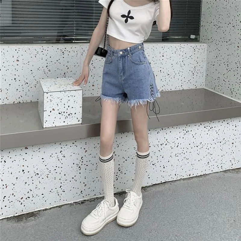 2023 Summer New Oversized Casual Denim Shorts Ladies High Waist Lacing Loose Versatile Pants Trend Fashion Women Clothing