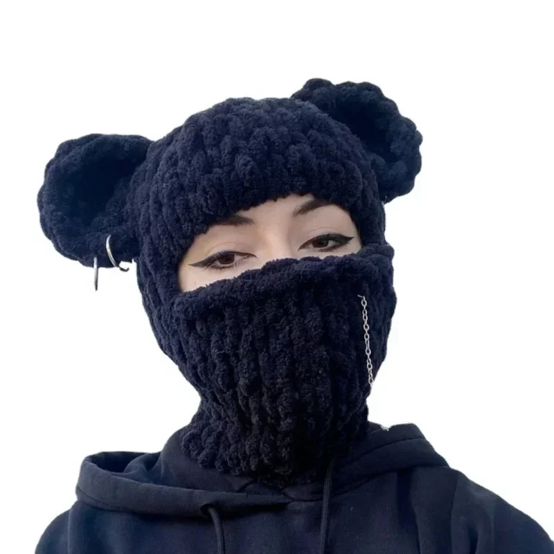Novelty Bear Ear Balaclava Beanies Chain Outdoor Ski  Winter Hat for Women Ear Protection Knitted Hat 3