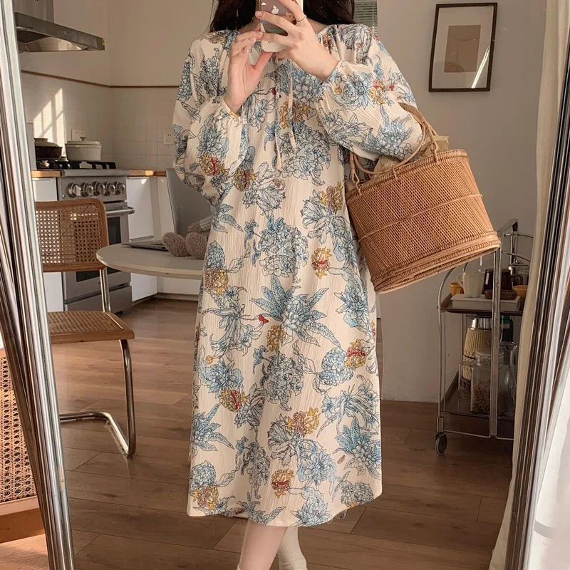 spring women loose vintage floral print nightgown retro 100%cotton long ruffle sleeve nightdress peter pan collar sleepwear Spring Nightdress Vintage Plus Size Pajamas Loose Casual Pyjamas Round Collar Lace-up Sleepwear Medium Long Printed Nightgown