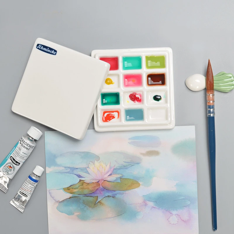Ceramic Color Palette with Cover 12 Grids Painting Multifunctional Paint Palette Color Mixing Watercolor Moisturize