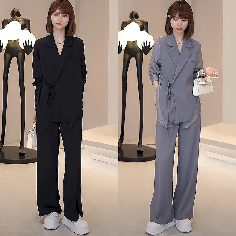 

Insozkdg Spring Autumn New Blazer Wide Leg Pants Two Piece Set Elegant Women's Pants Set Office Outfits High Street Blazer Women