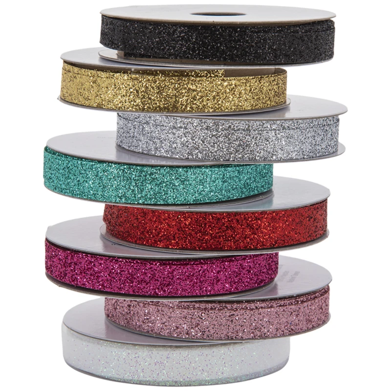 3/8'' 9mm Solid Color Full Glitter Sparkle Polyester Grosgrain Ribbon For DIY Hairbows Gift Wrap