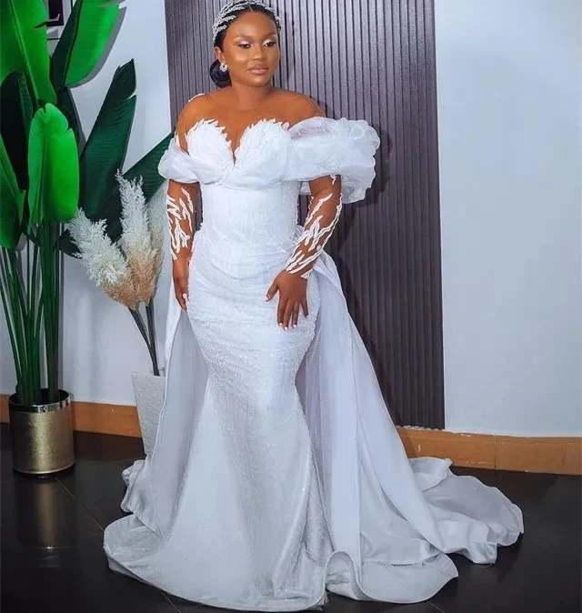 

Detachable African Wedding Dresses Mermaid Long Sleeves Lace Aso Ebi Women Bridal Wedding Gowns For Black Girls