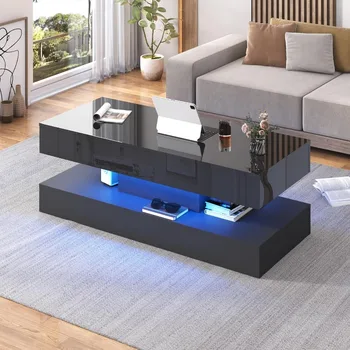 47.2 Large Lift Top Coffee TableModern High Glossy LED Coffee Tables for Living Room with Storage Black Living Room Tables for 4