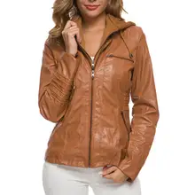 

Fashion Women Autumn Faux Leather Long Sleeve Hooded Zipper Motorcycle Jacket