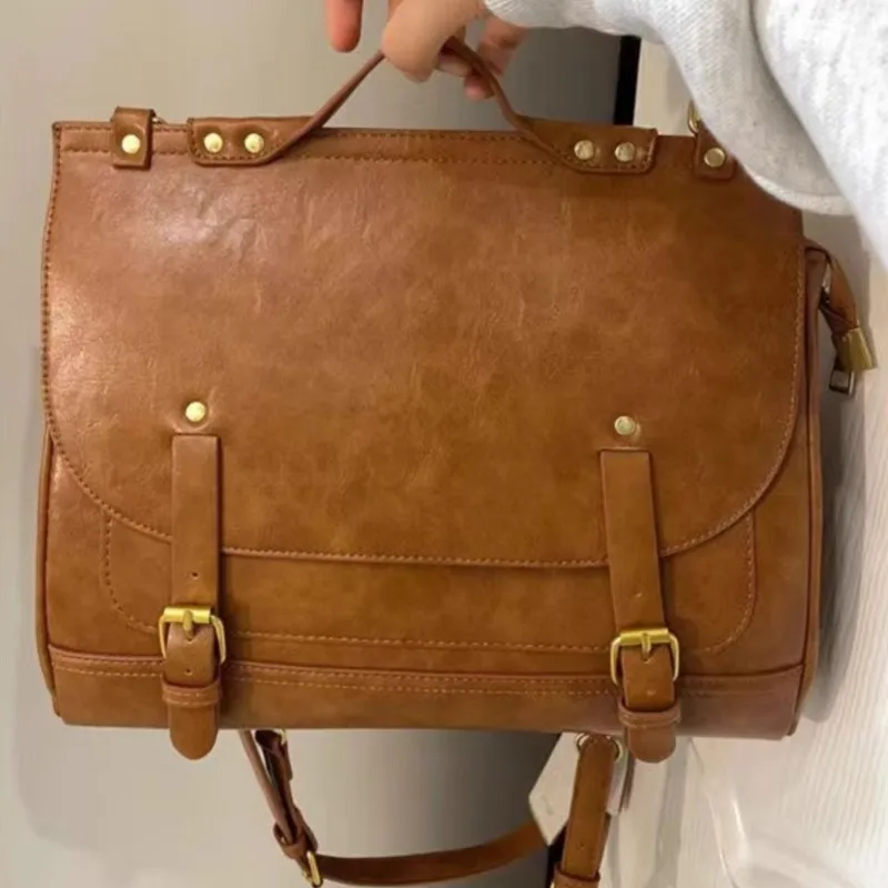 Retro Studded Backpack Women Academy Style Large Capacity Leather Messenger Bag Ladies High End Multi Functional Crossbody Bag