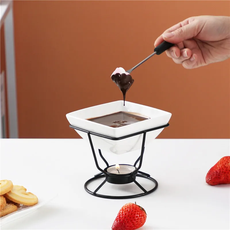 Ceramic White chocolate melting pot with metal stand for DIY fondue