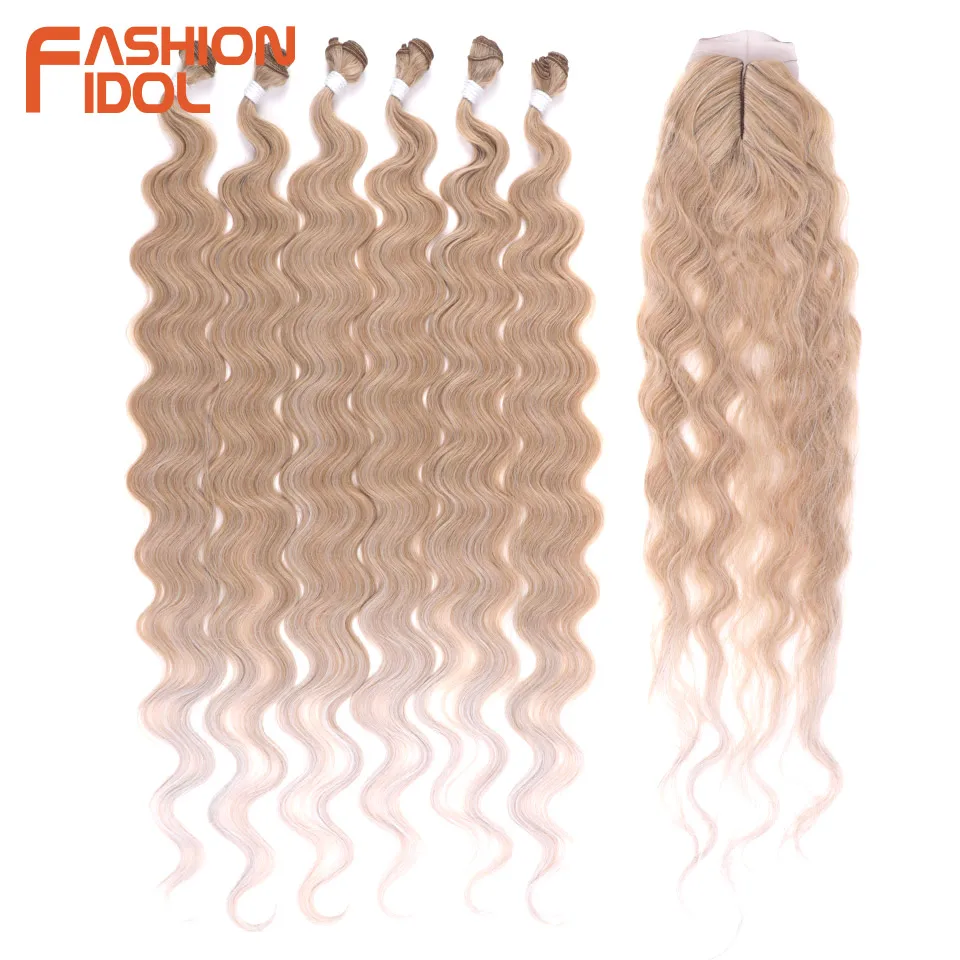 FASHION IDOL 36inch/90cm 320g/7pc Body Wave Hair Synthetic Fake Hair Bundles With Closure Blonde Braid Hair Extensions For Women 3