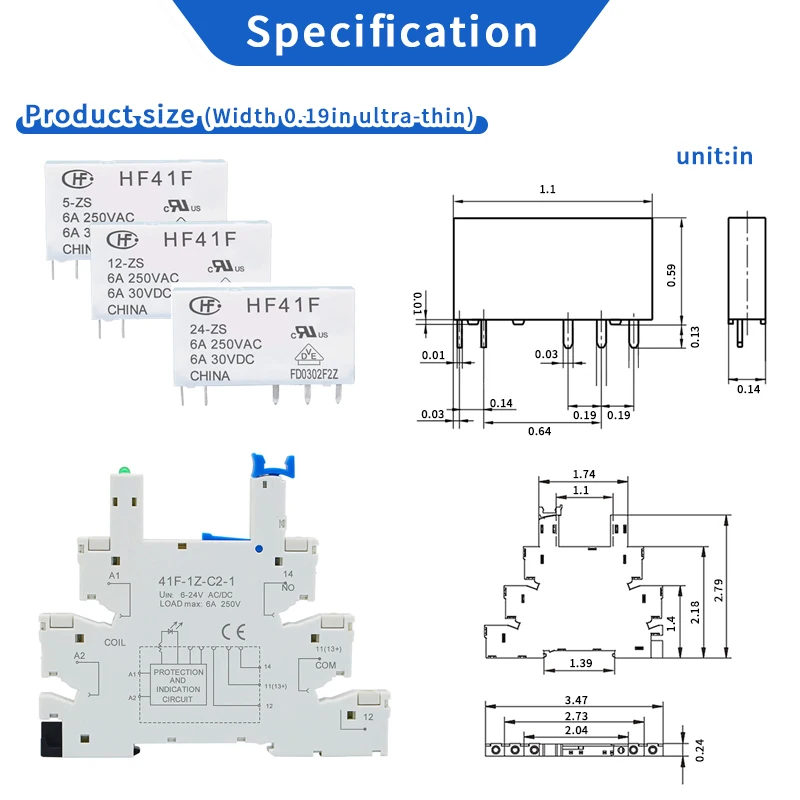 Rel&egrave; Elettromagnetico Ultrasottile 24V DC/AC Per PLC - Din Rail HF41F, 5 Poli, 1NO 1NC, 6A SPDT Con LED (10 Pezzi)