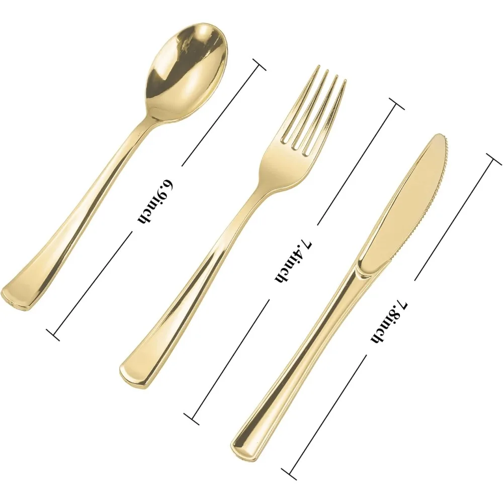 N9R 300PCS Gold Plastic Silverware Plastic Cutlery Set Disposable Flatware Dinnerware -100 Gold Forks, 100 Spoons