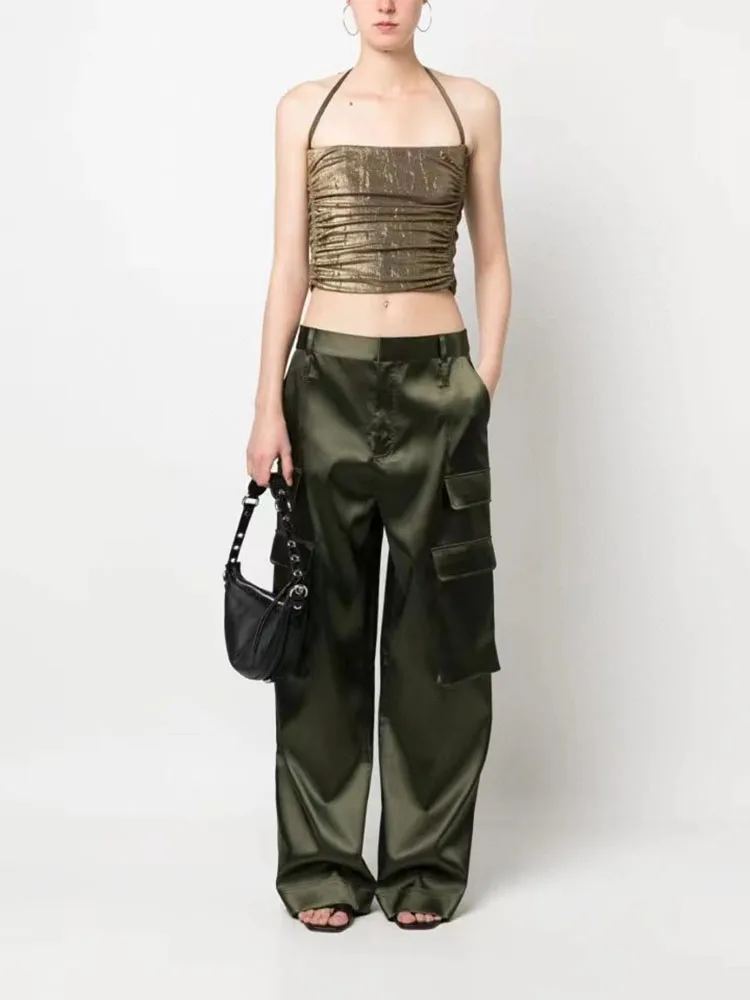 

y2k summer retro gold sleeveless suspenders tank top2023 fashion pumping pleated breast hanging neck sexy slim crop top women