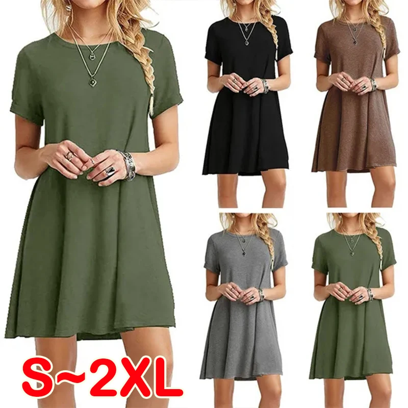 

European and American fashion summer women's round neck pullover short sleeved dress for home leisure short sleeved dress