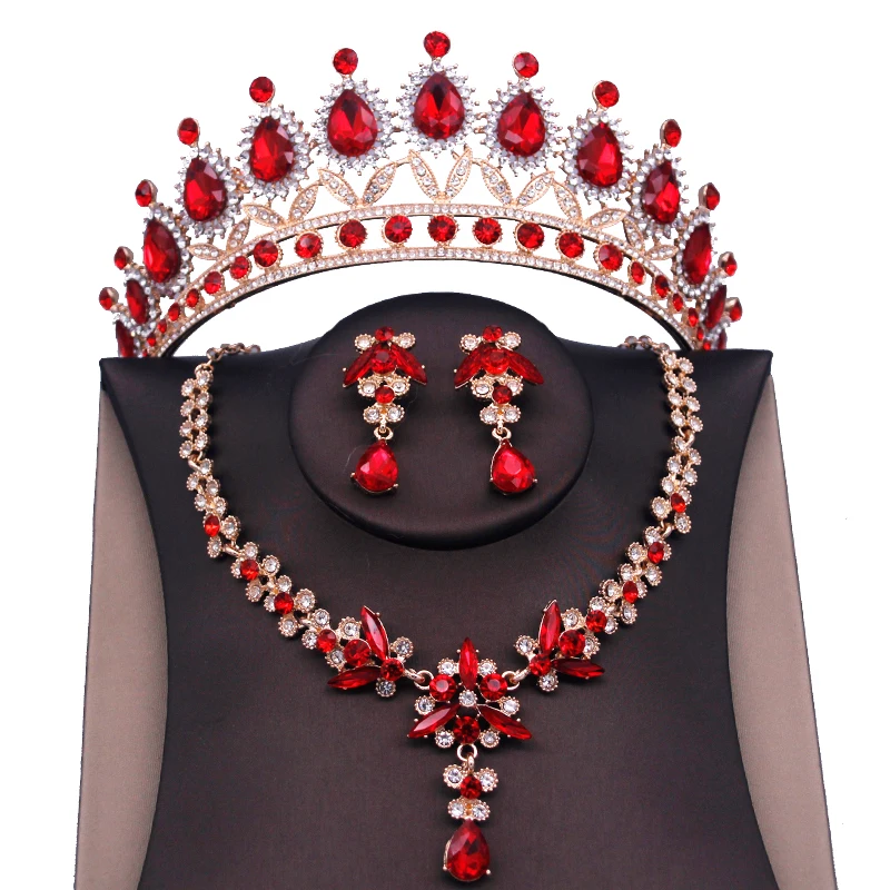 Luxury Crystal Bridal Jewelry Sets for Women Crown With Necklace