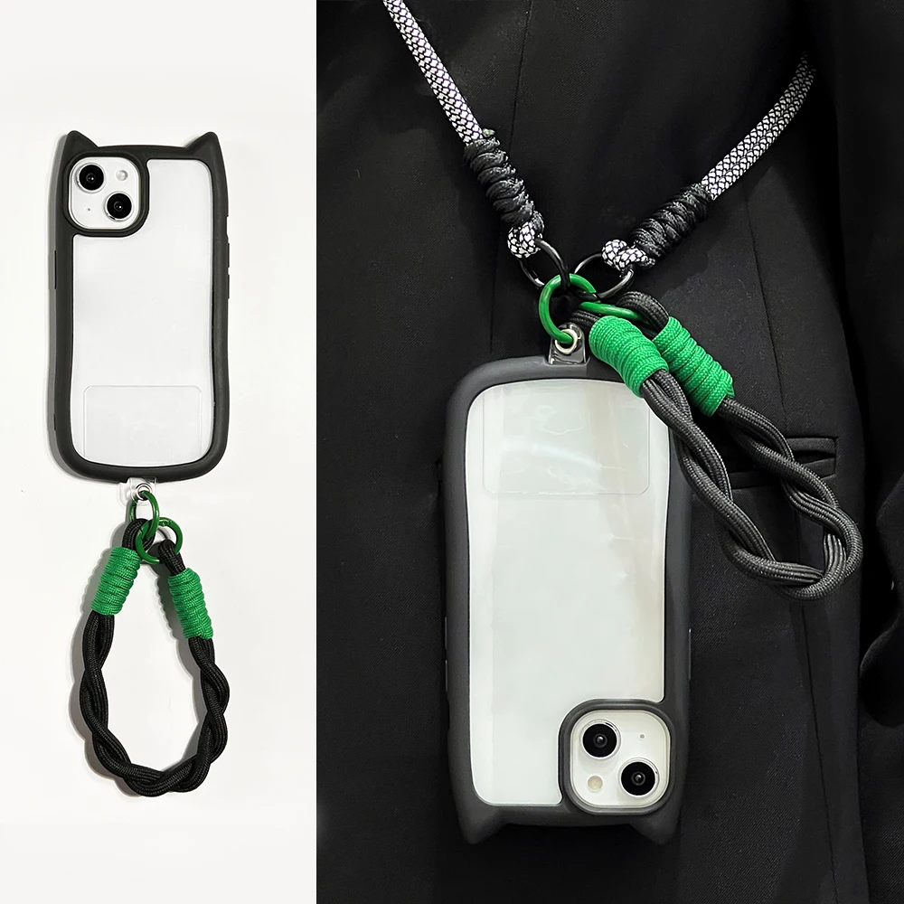 Crossbody Strap Lanyard Cute Cat Ears Silicone Phone Case For iPhone 14 11 13 12 15 16 Pro Max XR XS Max X Soft Protective Cover