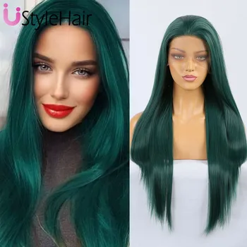 Dark Green Lace Front Wig Long Silky Straight Synthetic Hair 13X4 Natural Looking Glueless Daily Use Wig Heat Resistant Cosplay