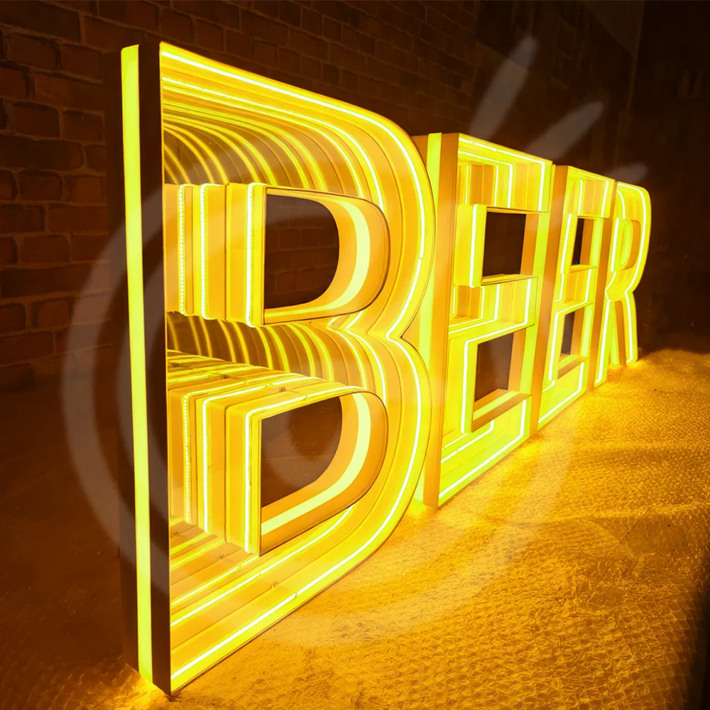 ป้ายไฟ LED 3 มิติแบบกำหนดเอง พร้อมกระจกอินฟินิตี้ ตัวอักษรช่องแสง ตกแต่งผนังกระจกส่วนตัว สำหรับธุรกิจ ตกแต่งภายในและภายนอกอาคาร สำหรับบาร์และร้านเสริมสวย 1